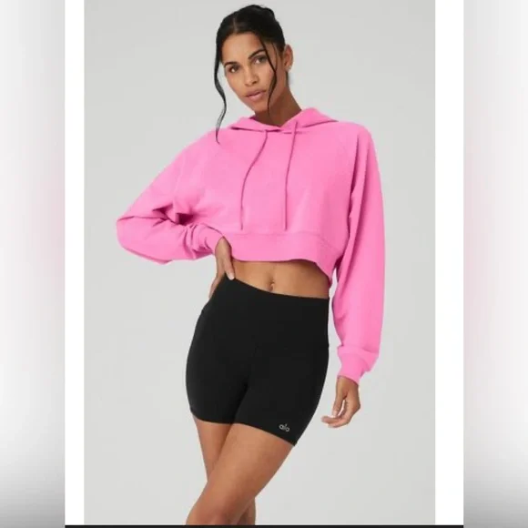 ALO Yoga Cropped Double Take Terry Hoodie in Paradise Pink - Picture 1 of 5